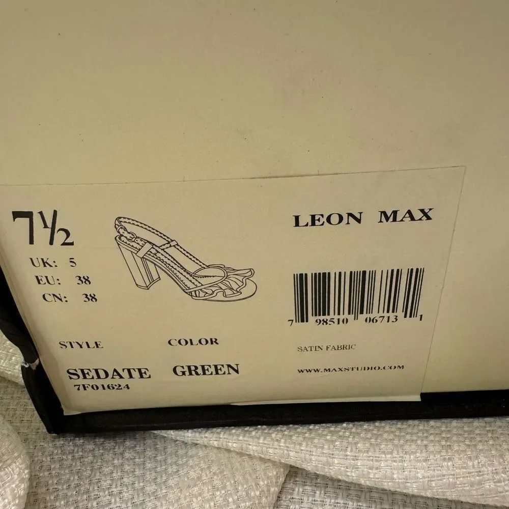 NIB Leon Max emerald green satin block ruffle slingback high heels size 38 7.5